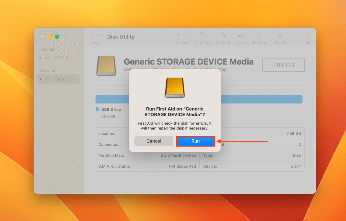 Disk Utility First Aid confirmation dialogue