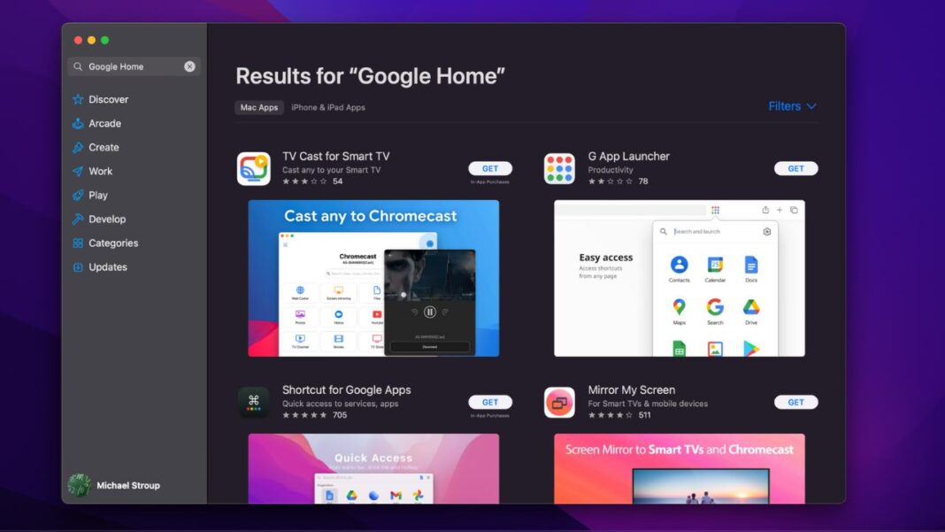 Google Home search results Apple App Store search results