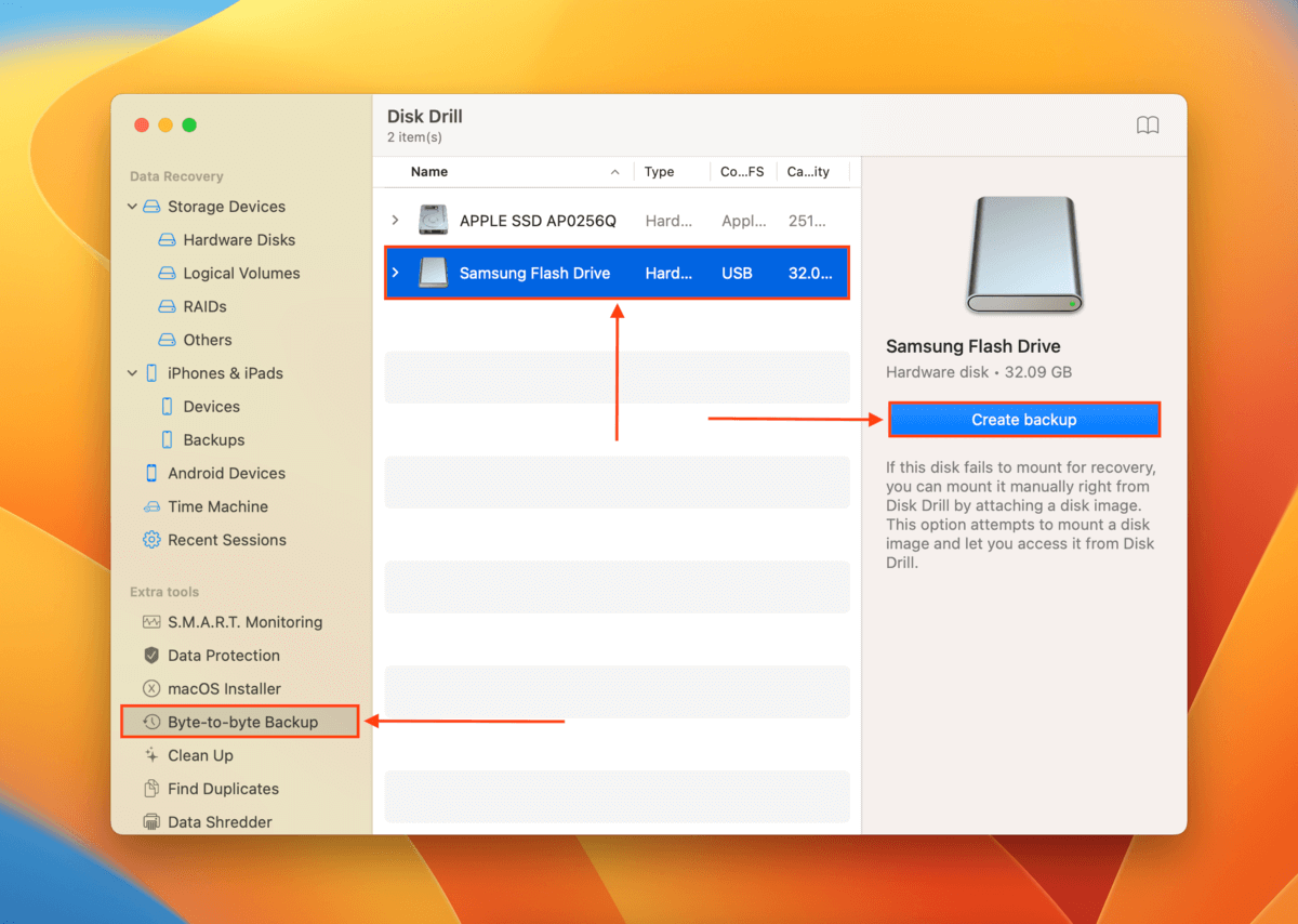 Disk Drill Byte-to-byte backup window