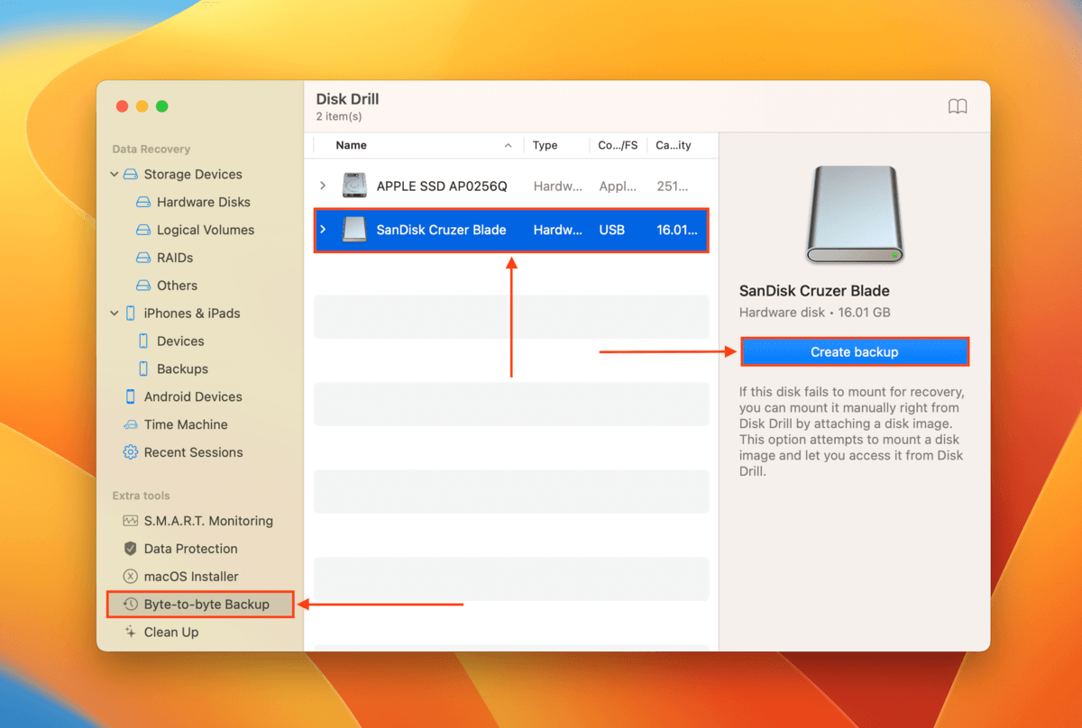 Disk Drill byte-to-byte backup screen