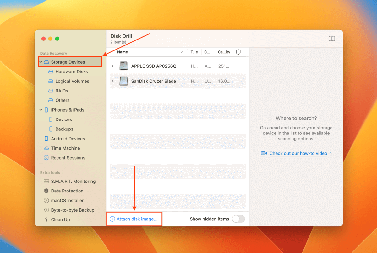 Disk Drill disk image attachment button