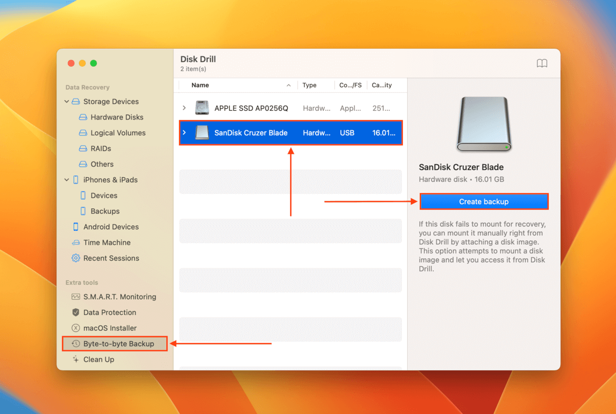 Disk Drill Byte-to-byte backup menu