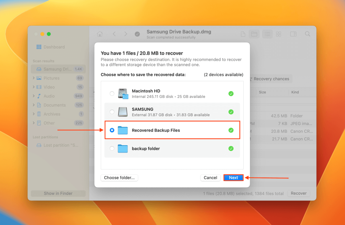 Disk Drill destination selection dialogue