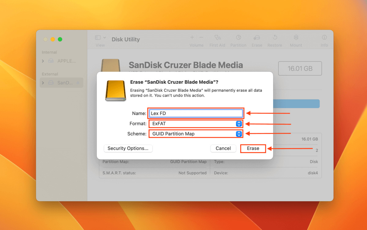 Erase dialogue in Disk Utility