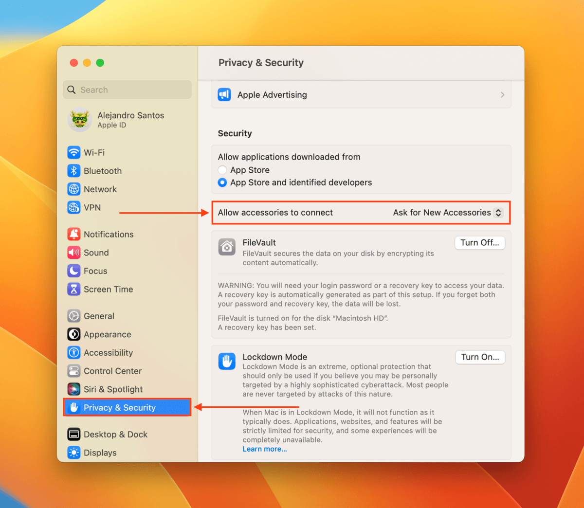 Security Section in macOS System Settings menu