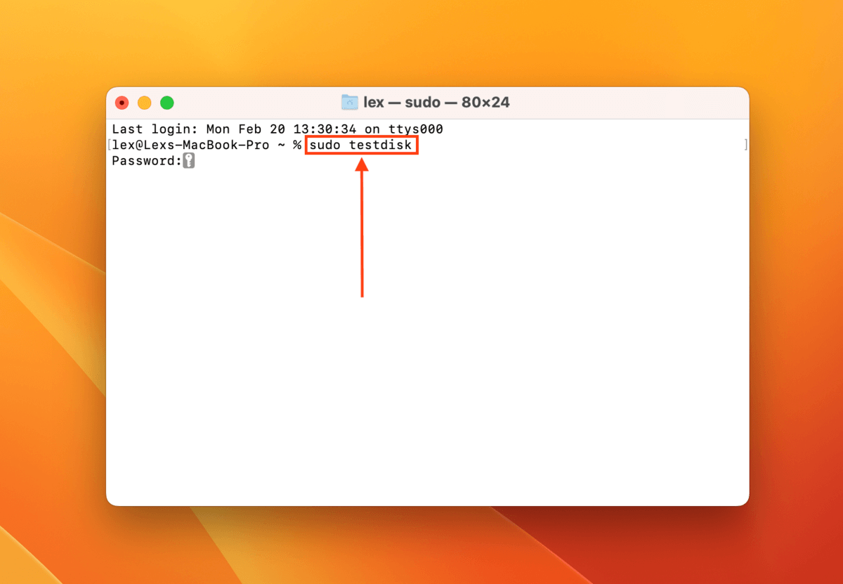 sudo TestDisk command in Terminal