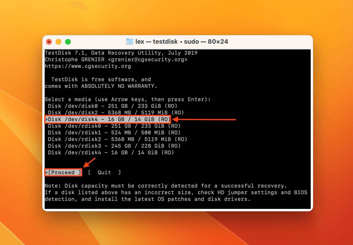 Drive selection screen in TestDisk