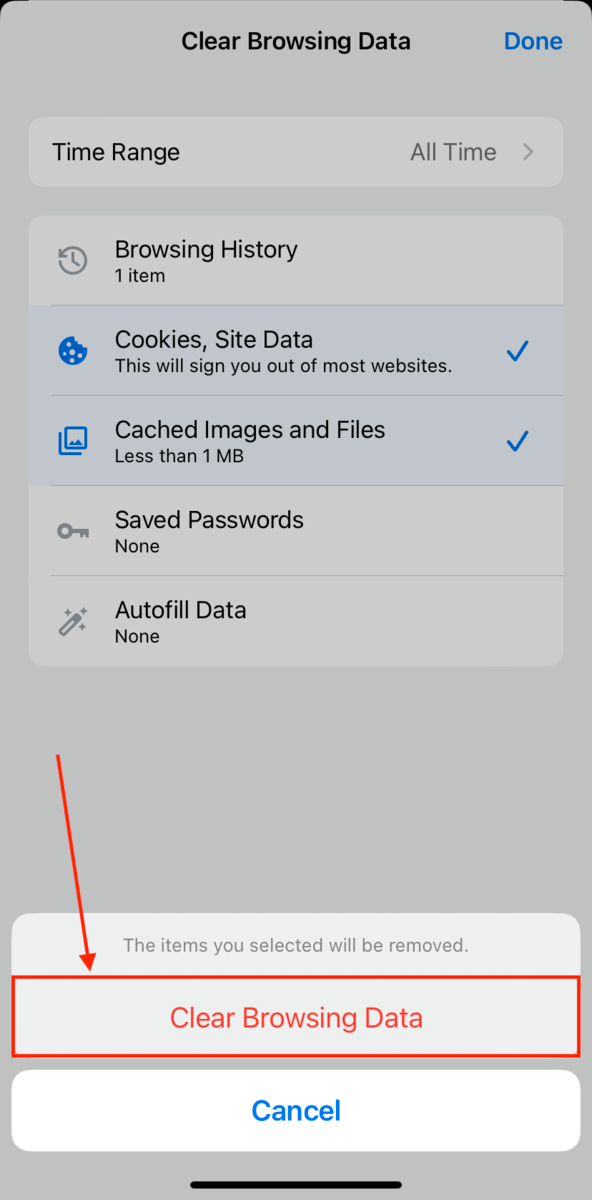 Confirm clear browsing data for Google Chrome on iPhone