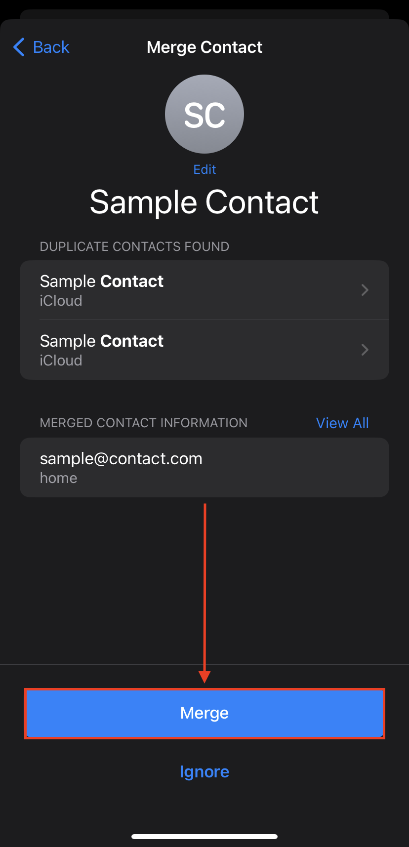 Merge user action in the iPhone's Contacts app