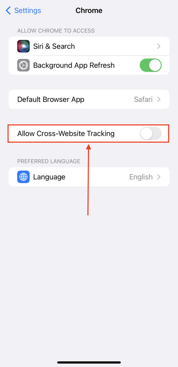 Block cookies setting in Google Chrome for iPhone