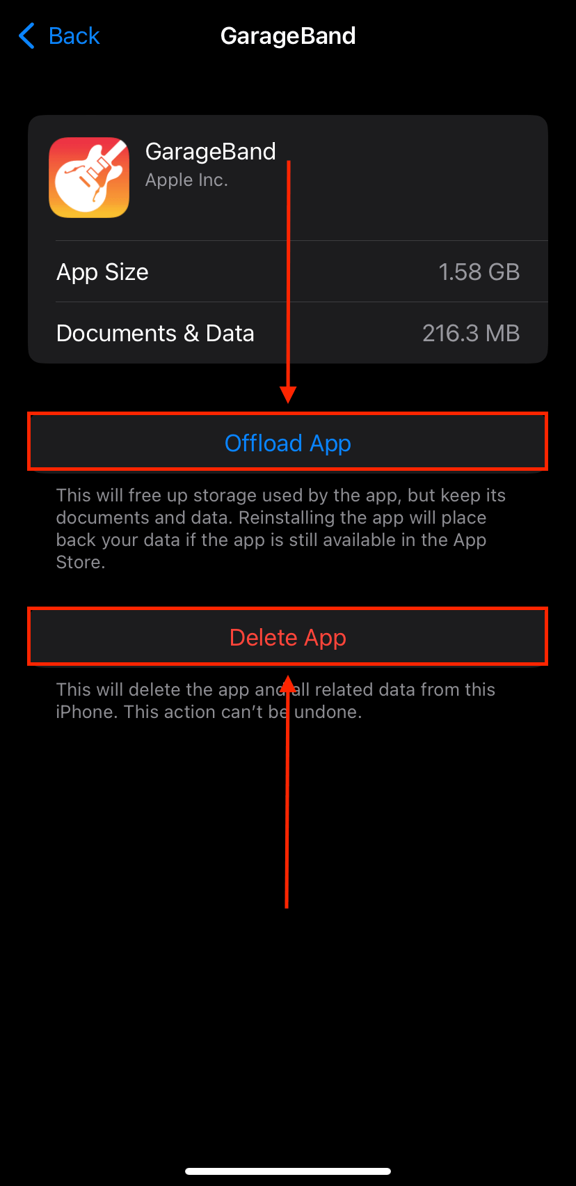 Offload and Delete buttons for Garageband in the iPhone Settings app