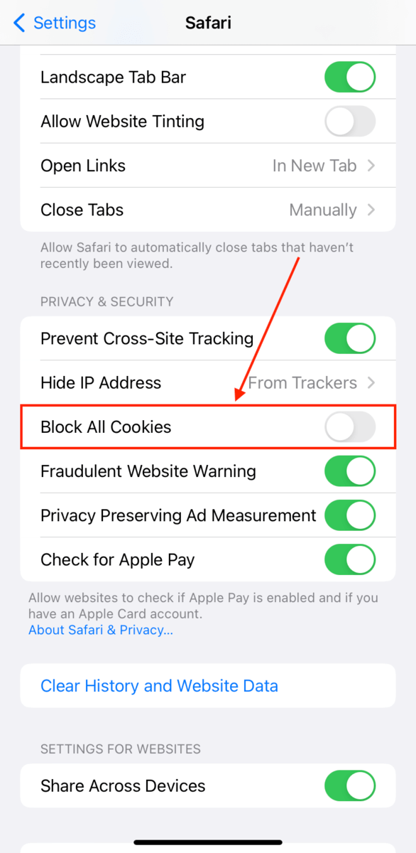 Block cookies in Safari settings