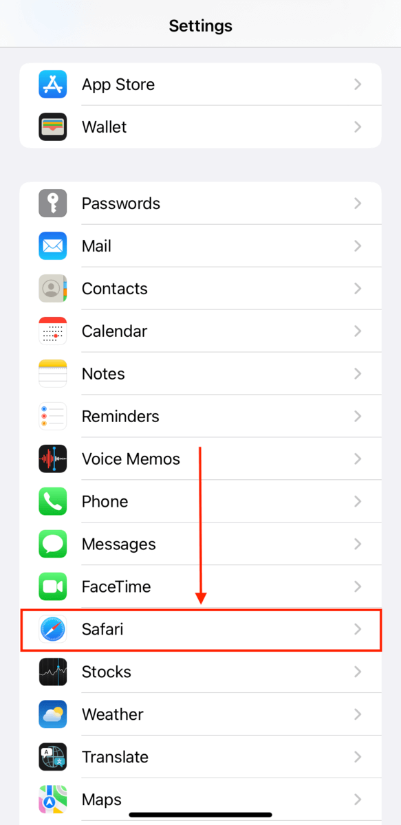 Safari app in the Settings menu