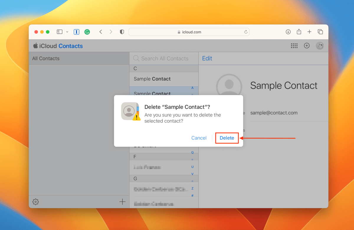 iCloud web contact deletion confirmation prompt