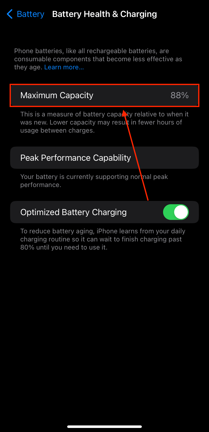 Maximum Capacity feature in iPhone Battery Settings