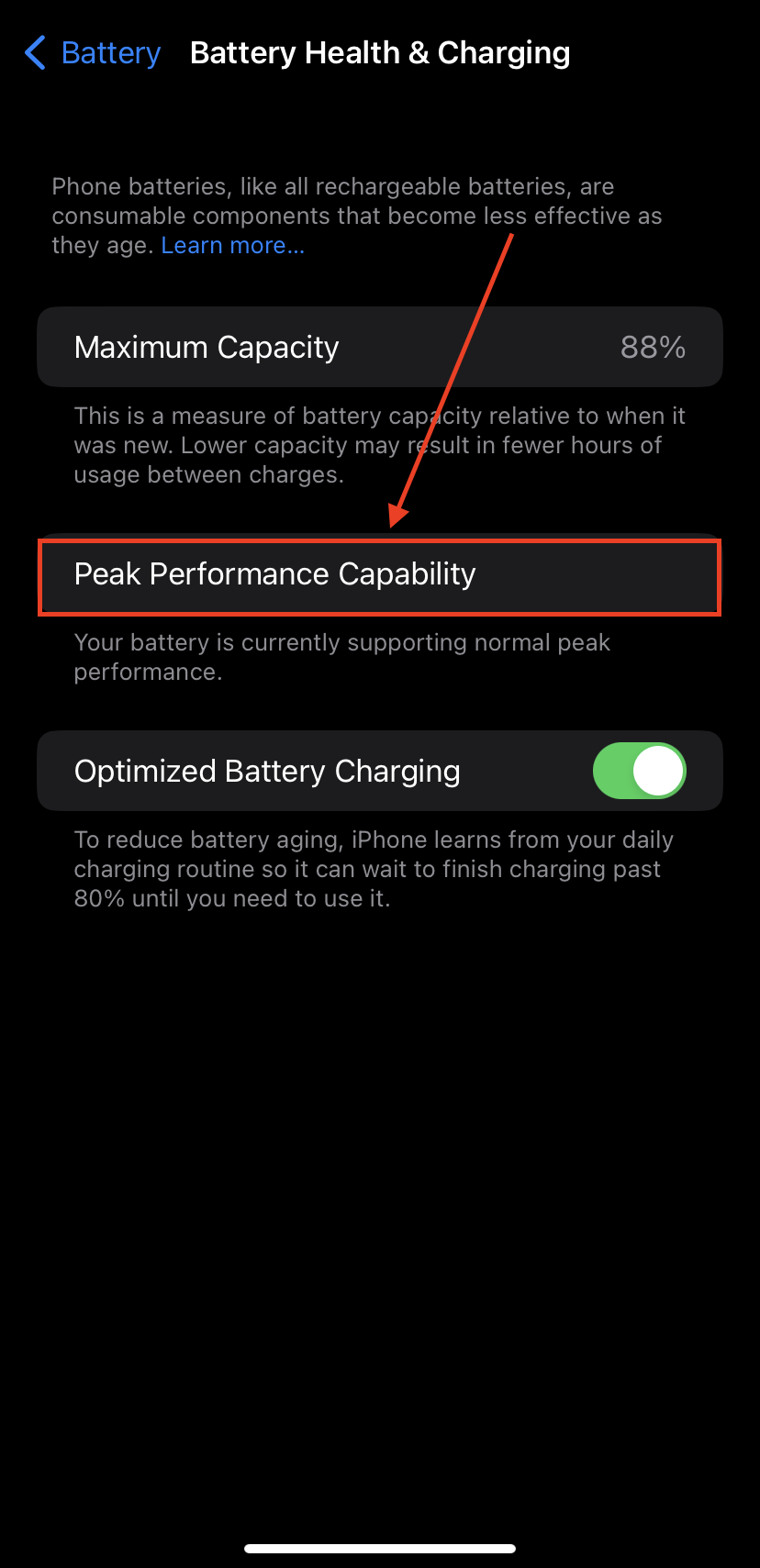 Peak Performance Capability in iPhone's battery settings