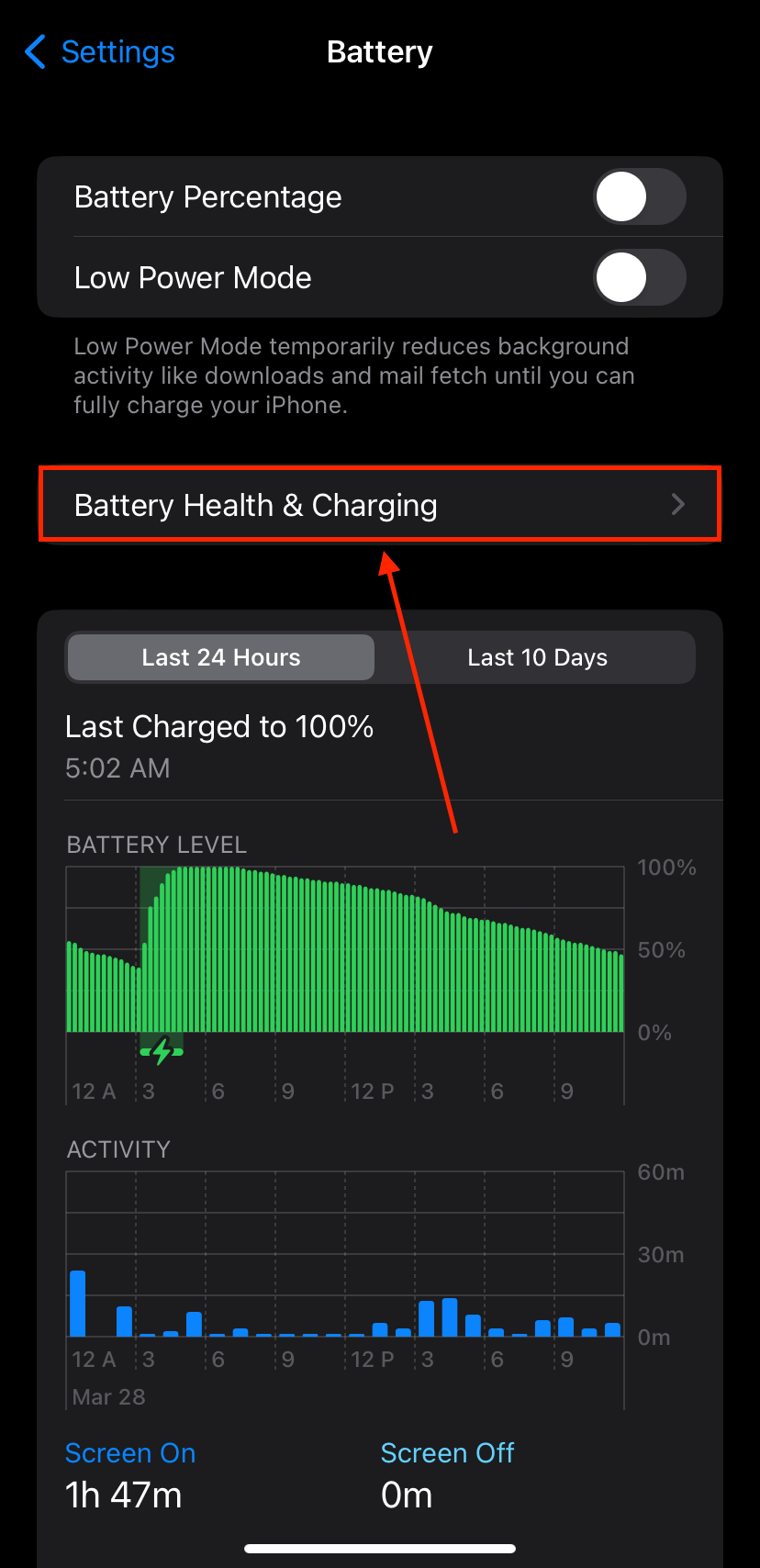 Battery Health & Charging button in iPhone Settings