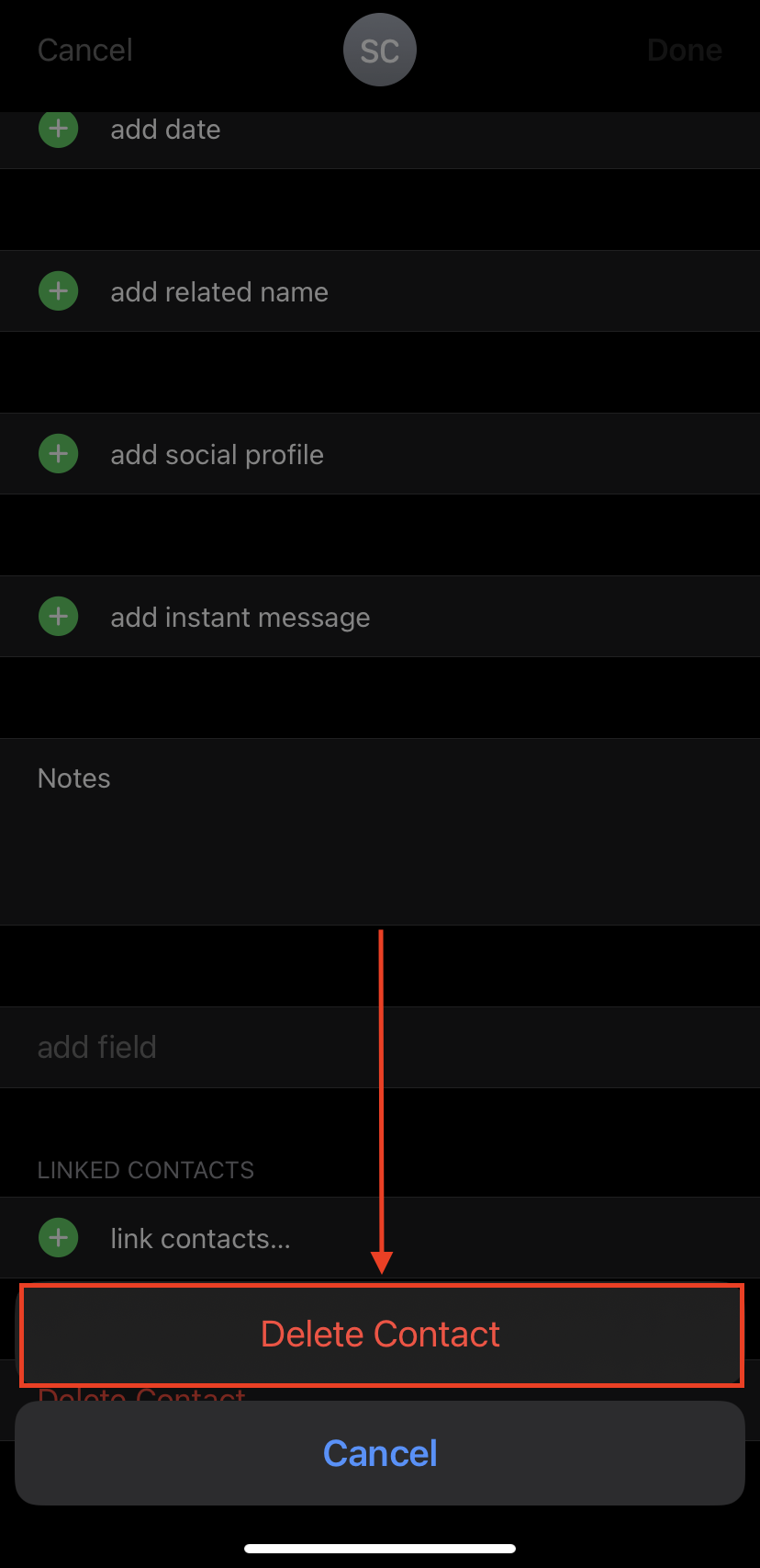 Contact deletion confirmation prompt in the iPhone's Contacts app