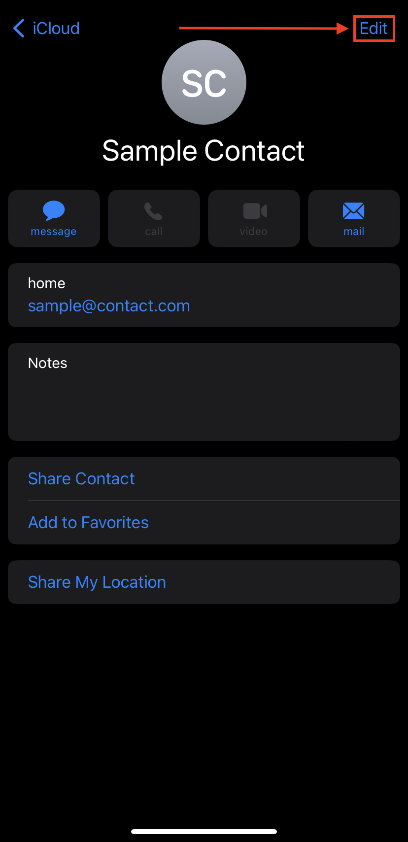 Edit contact button in the iPhone's Contacts app