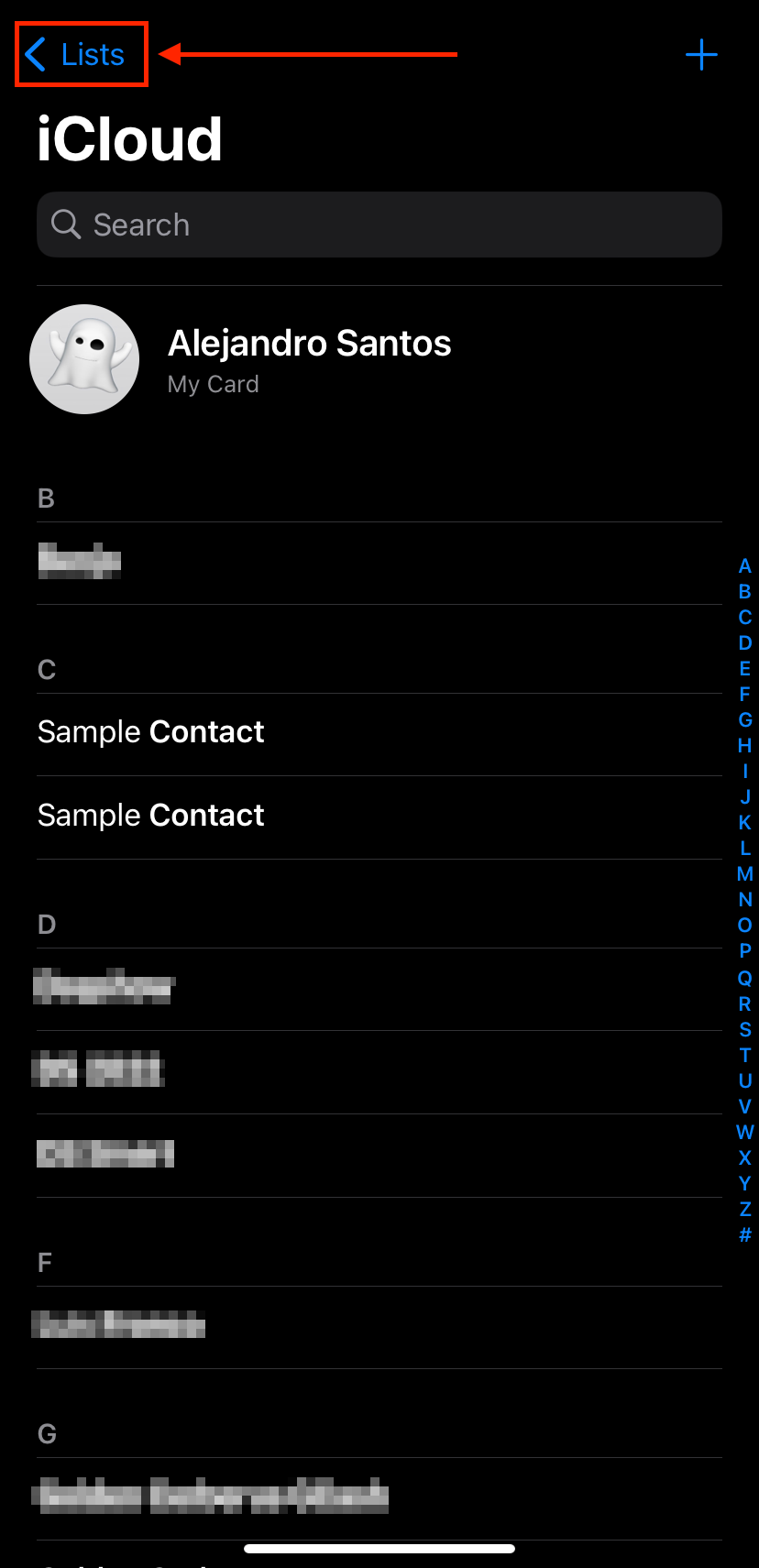 Lists button in the Contacts app on iPhone