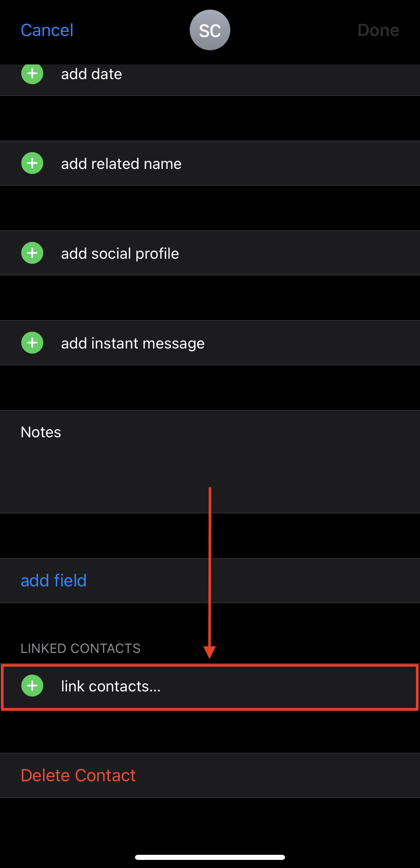 Link Contacts button in the iPhone's Contacts app