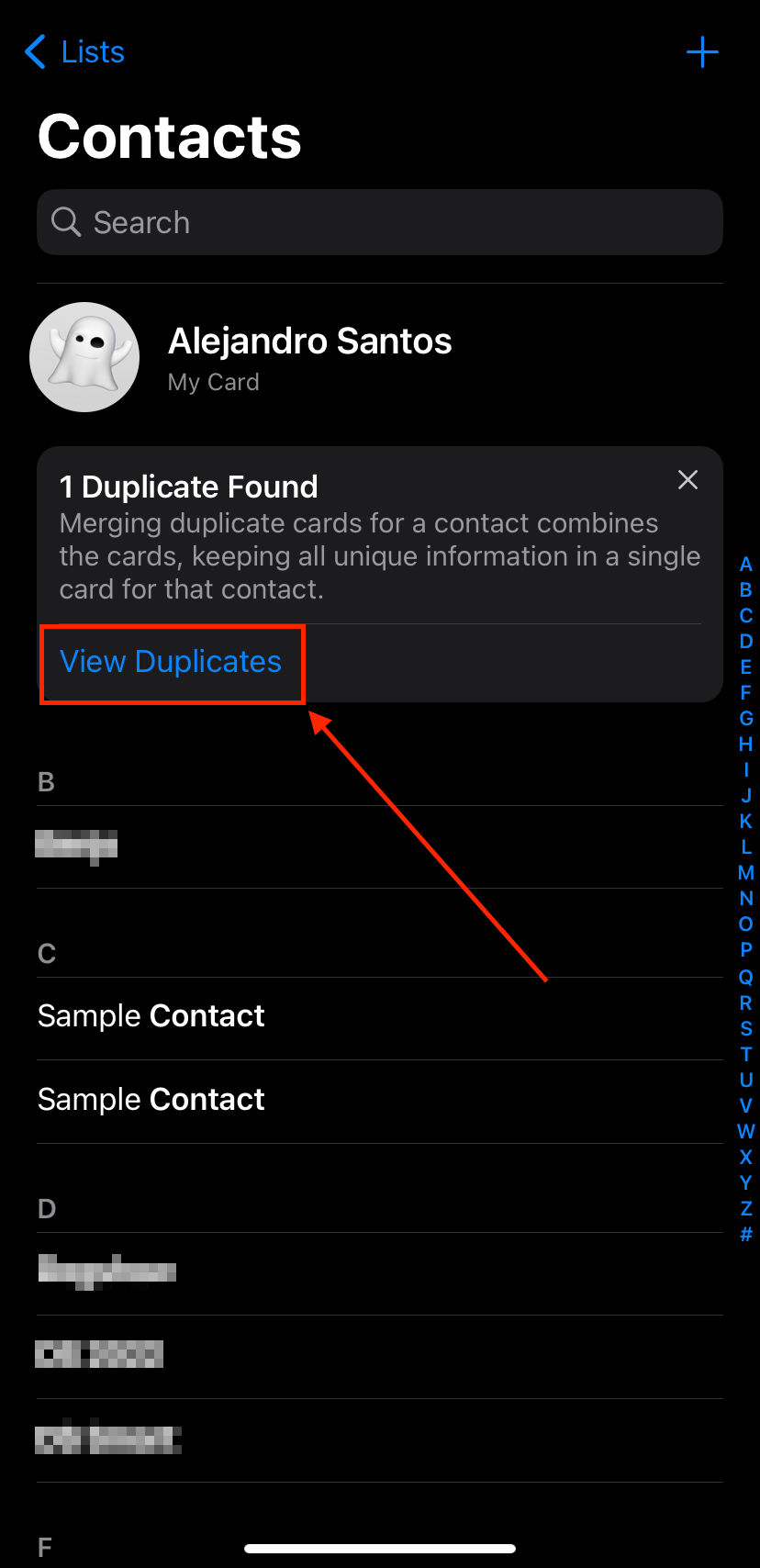 Duplicate Found notification in the iPhone's Contacts app