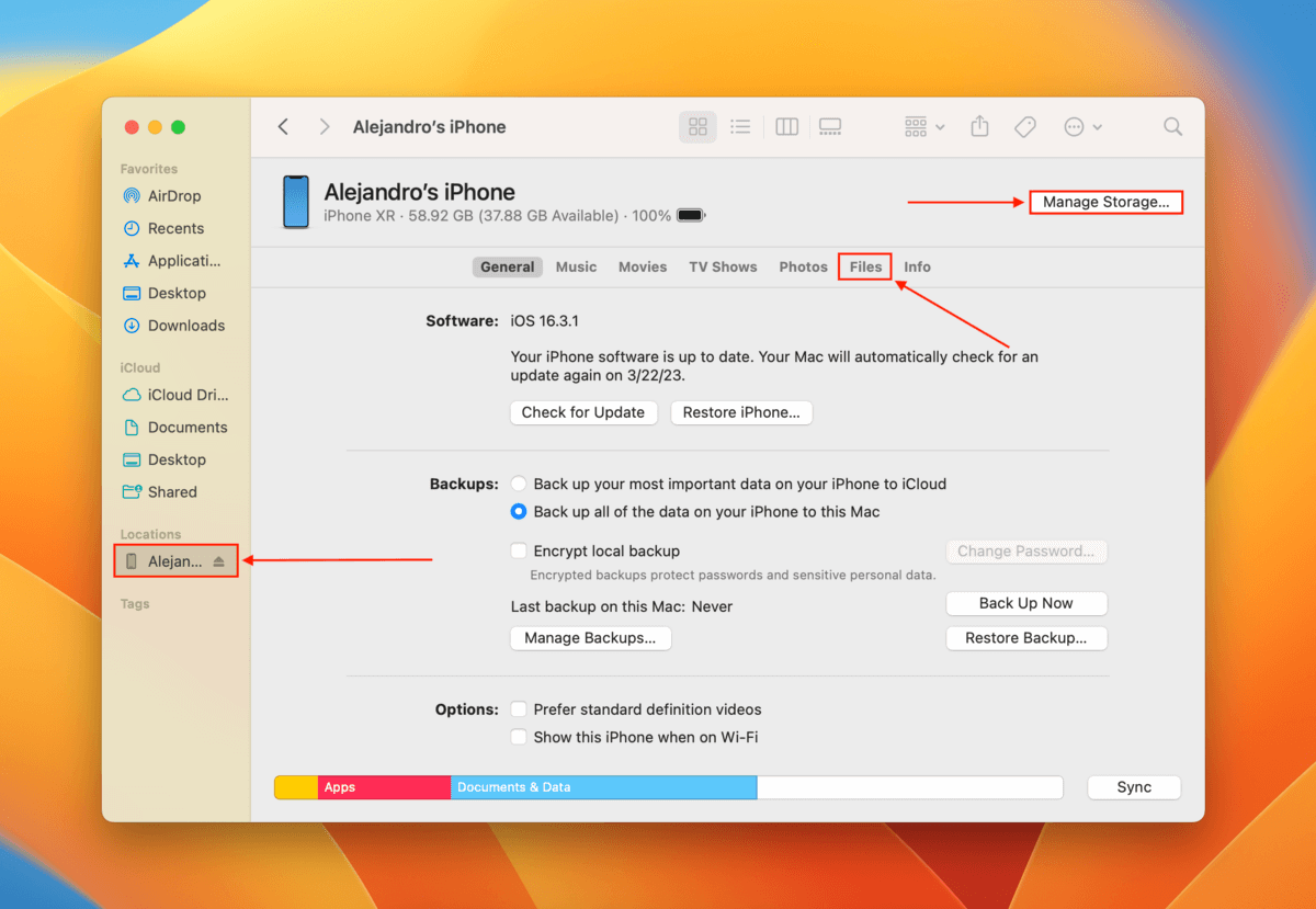 iPhone storage management in Finder on Mac