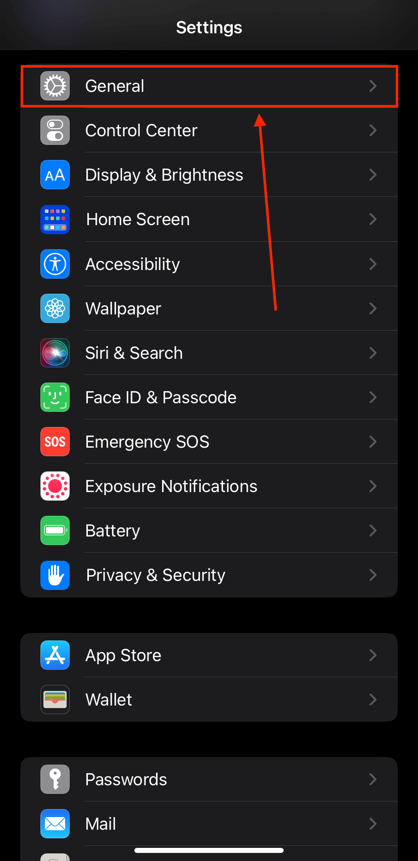 iPhone General settings button