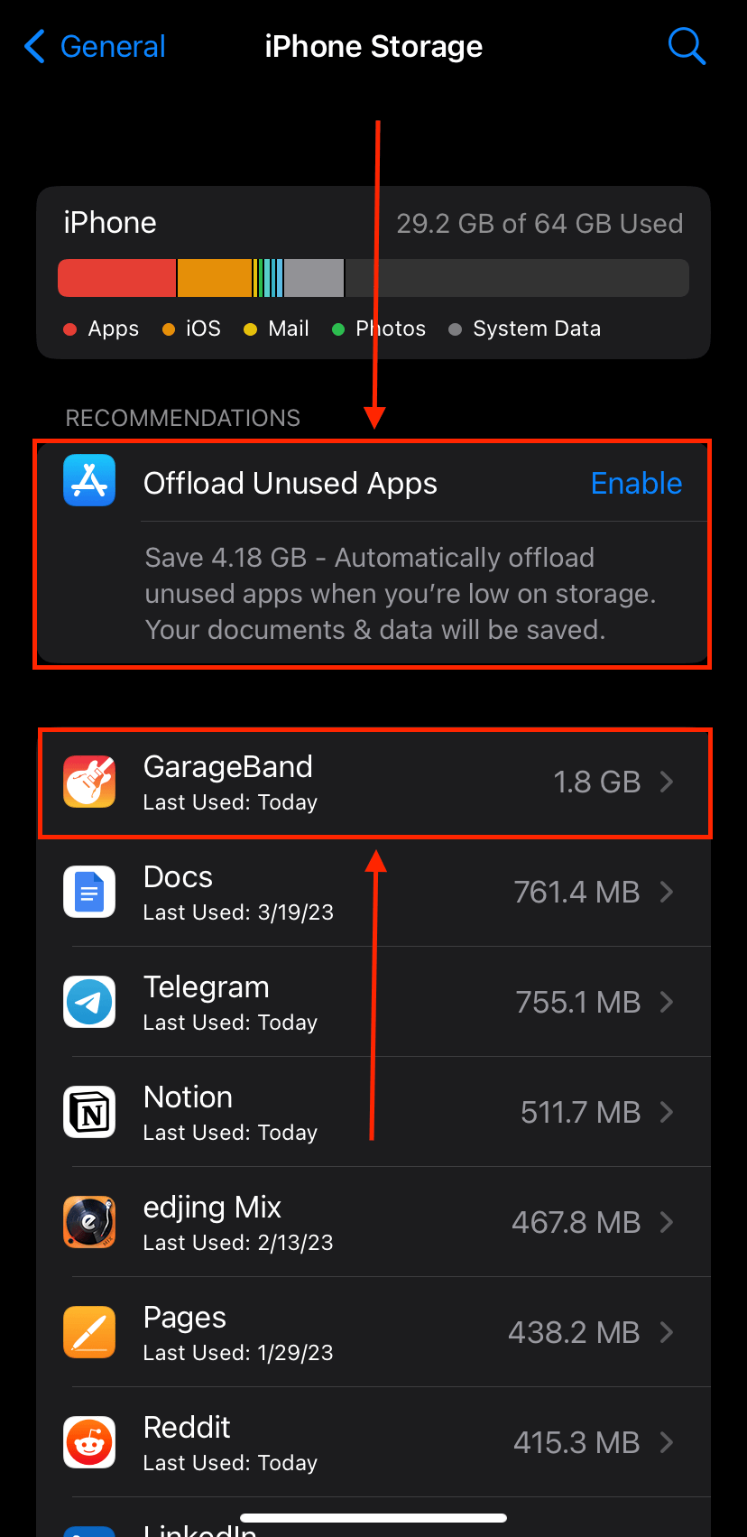 iPhone's Local Storage menu