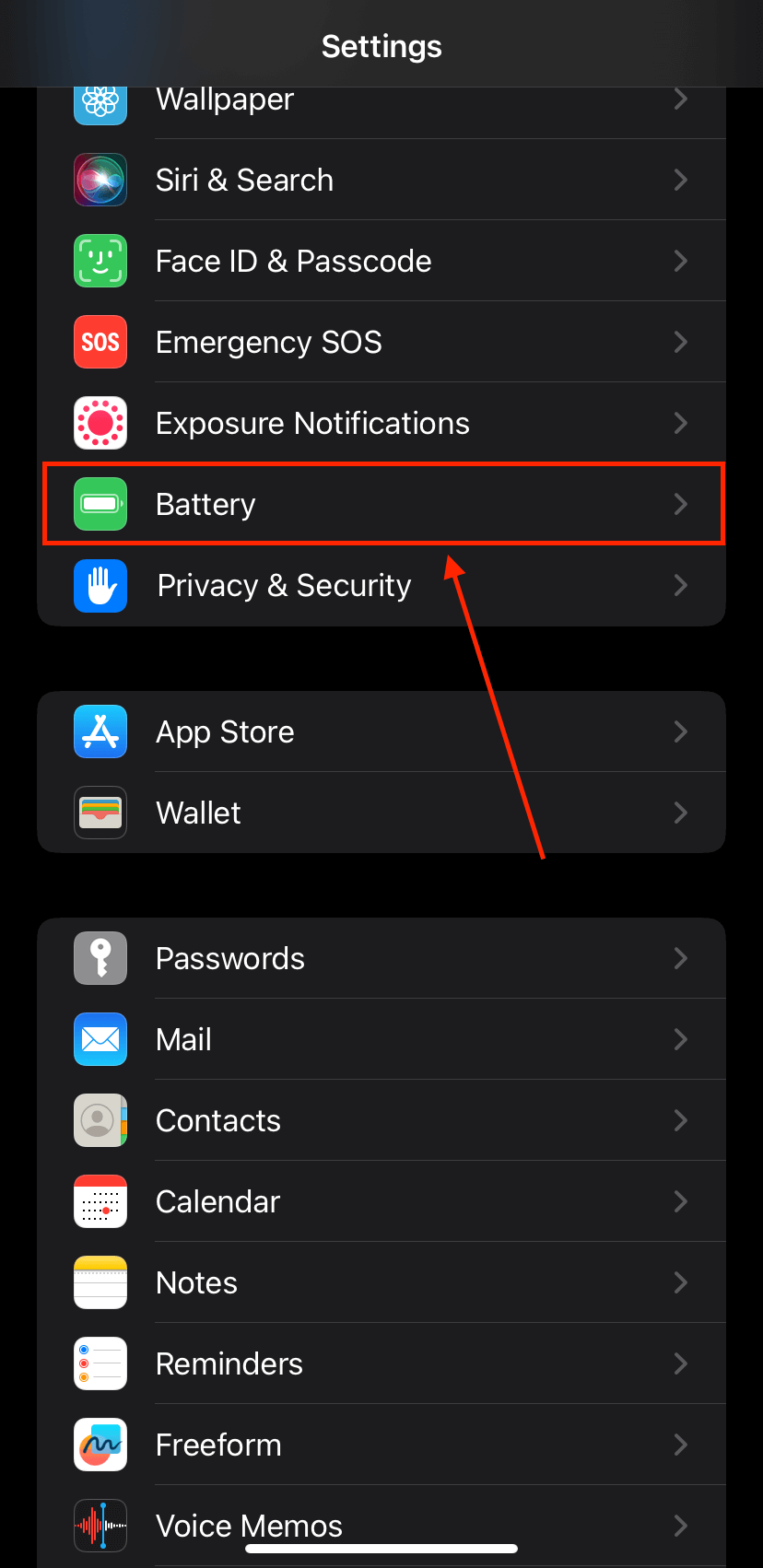 Battery menu in the iPhone's Settings app