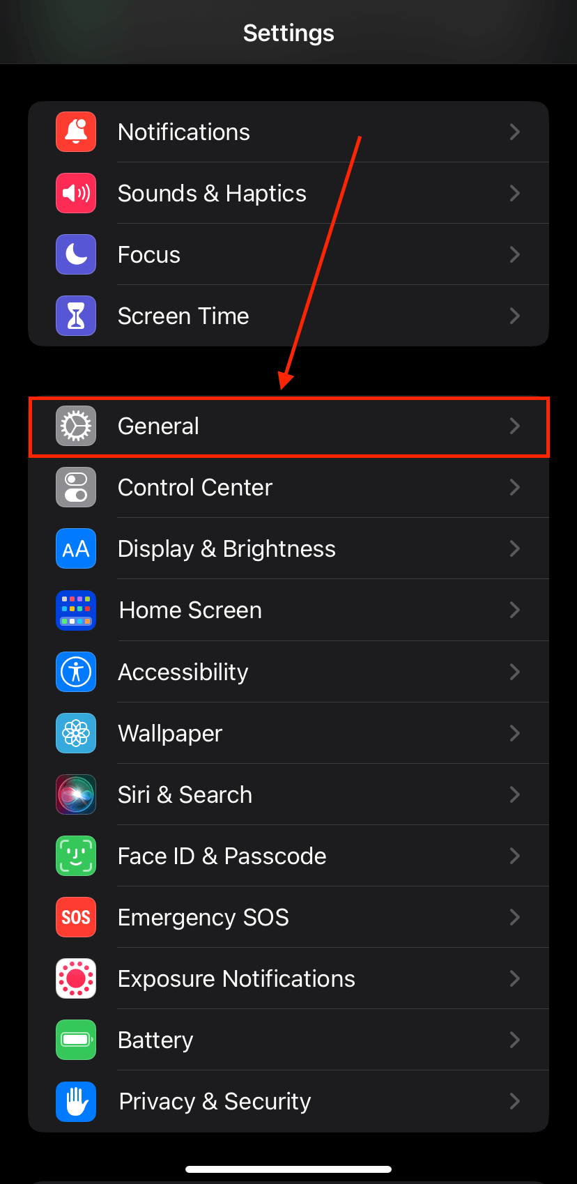 General option in the iPhone Settings app