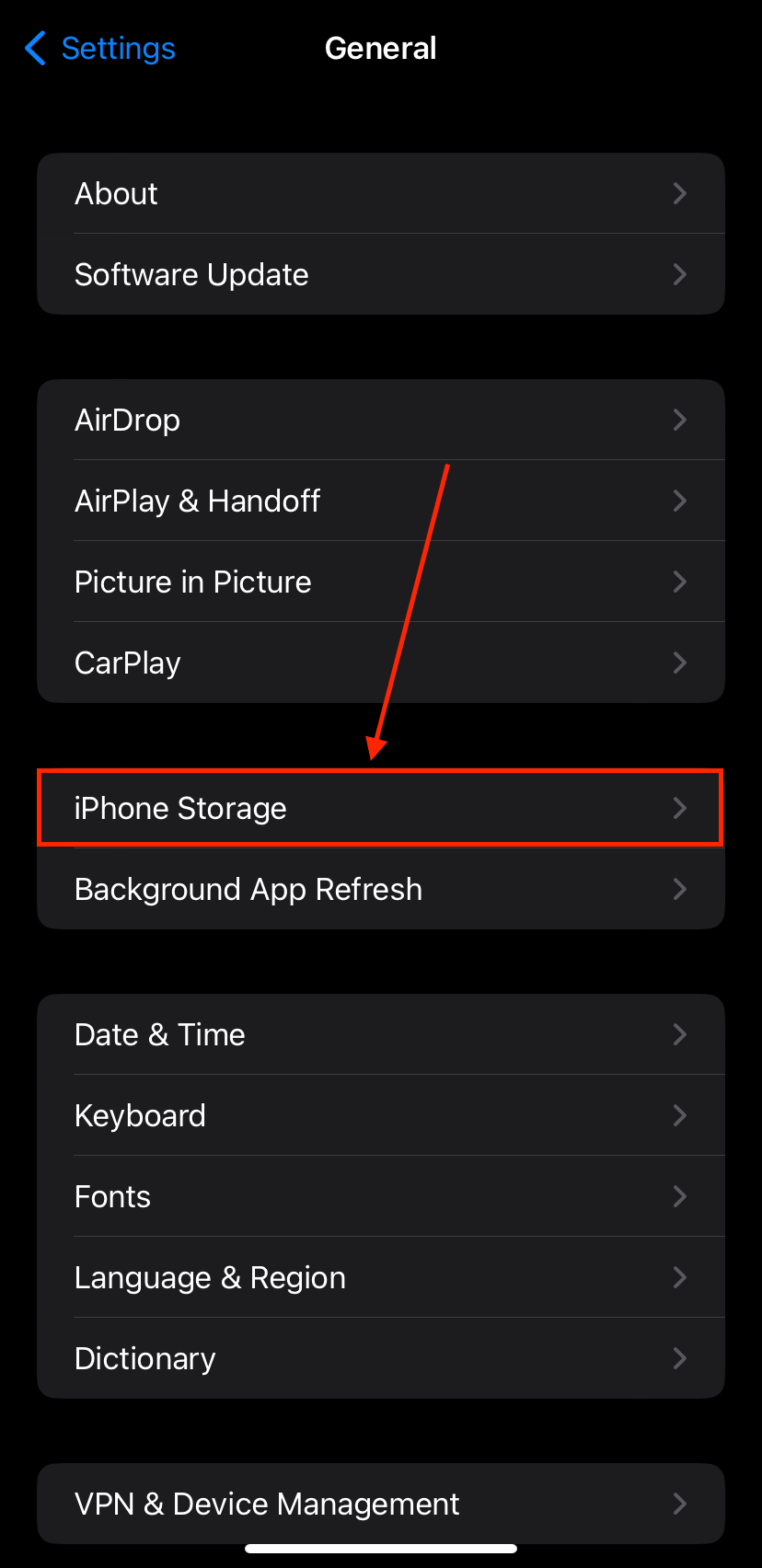 iPhone Storage option in the General menu of the Settings app