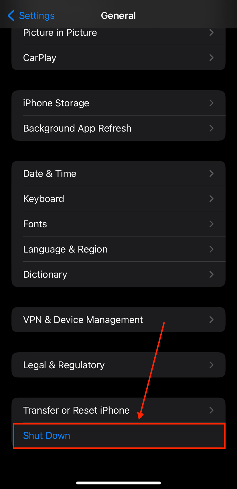 Shutdown button in iPhone settings