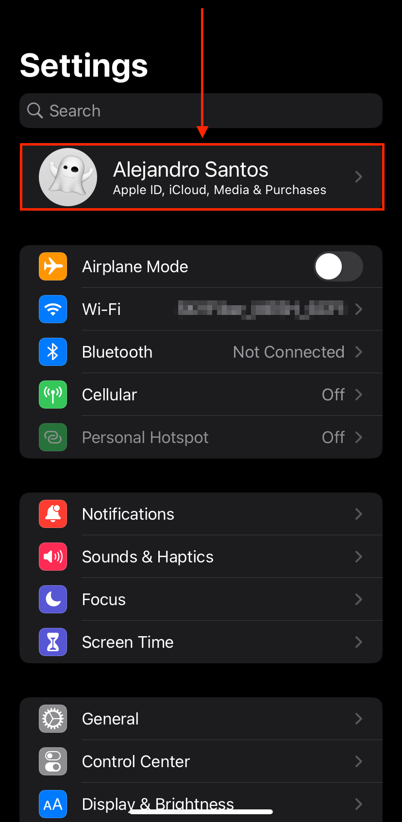 iPhone user card in the Settings app