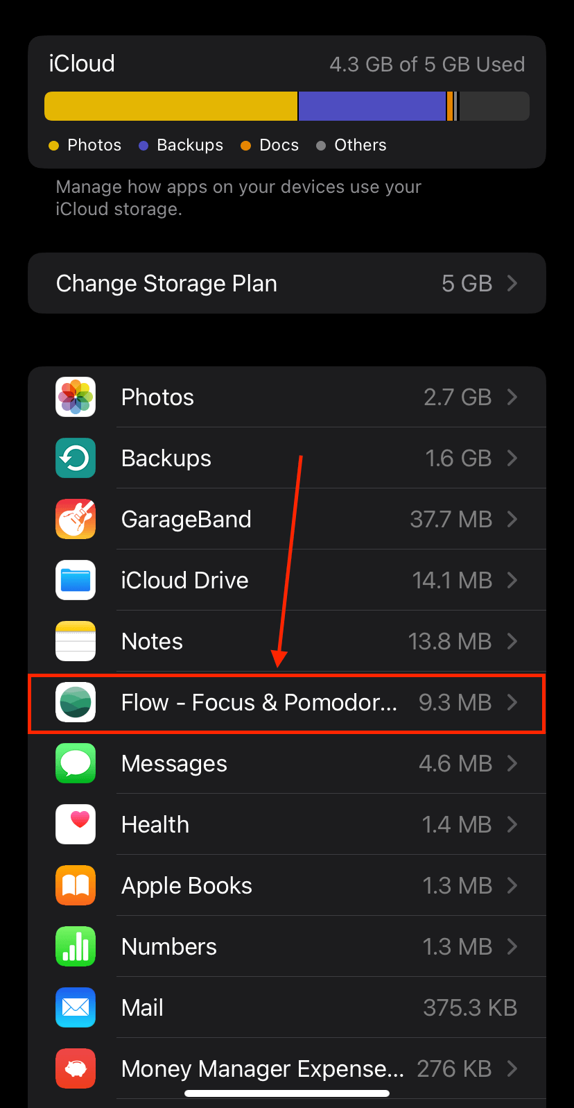 iCloud storage and data in the iPhone Settings app