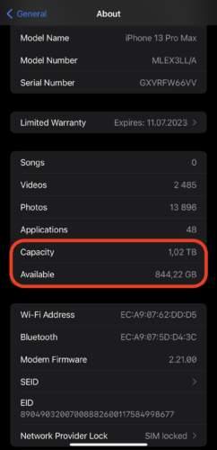 capacity storage iPhone