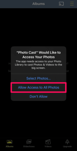 You might need to give the Photo Video Cast app permission to access your iPhone’s photos