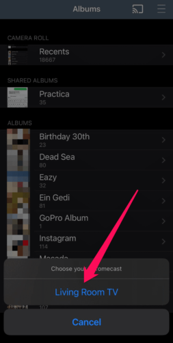 Your Chromecast will appear in the pop-up, tap on it to select it