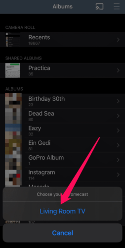 Your Chromecast will appear in the pop-up, tap on it to select it in Photo Video Cast