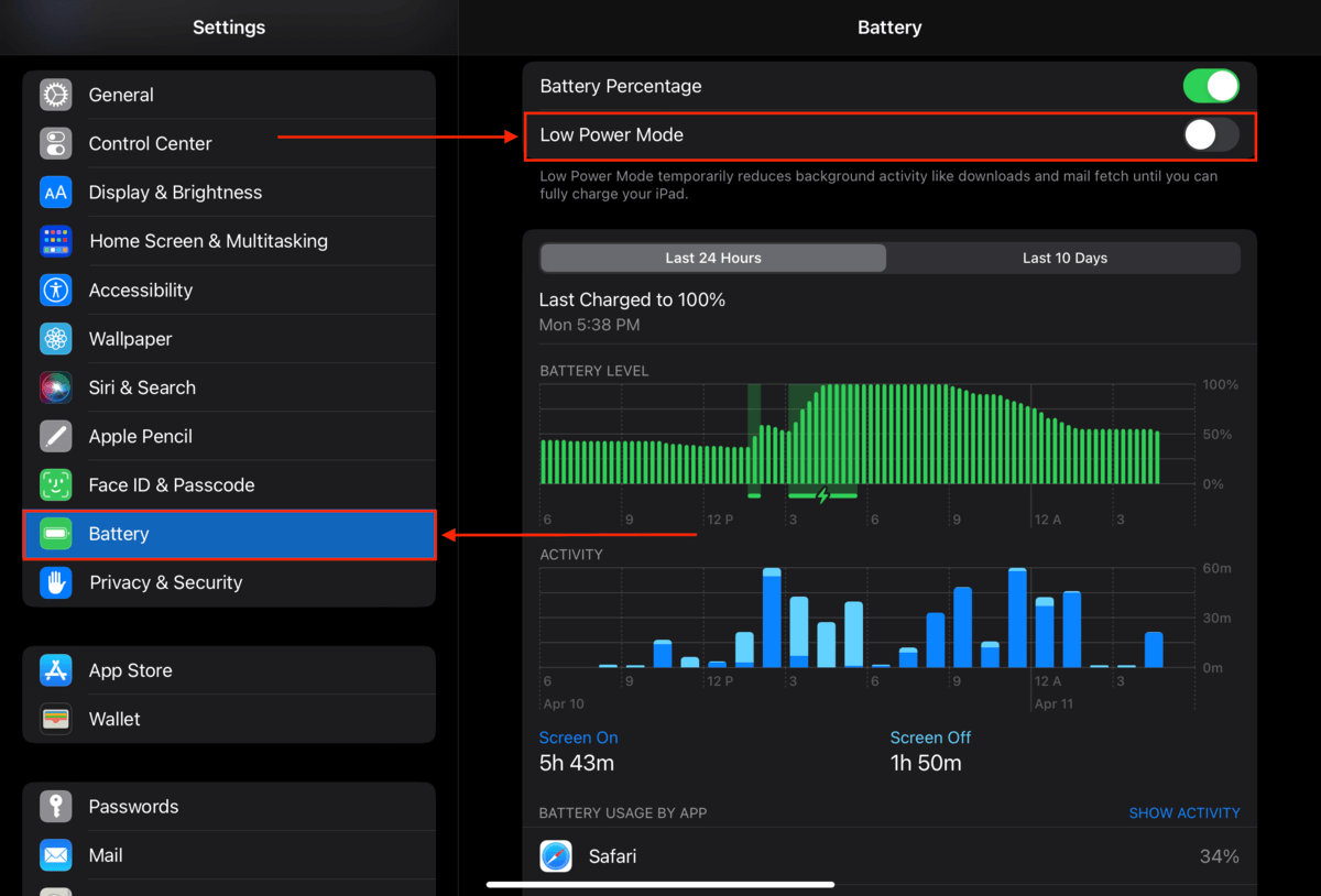 Low Power Mode in iPad's battery settings