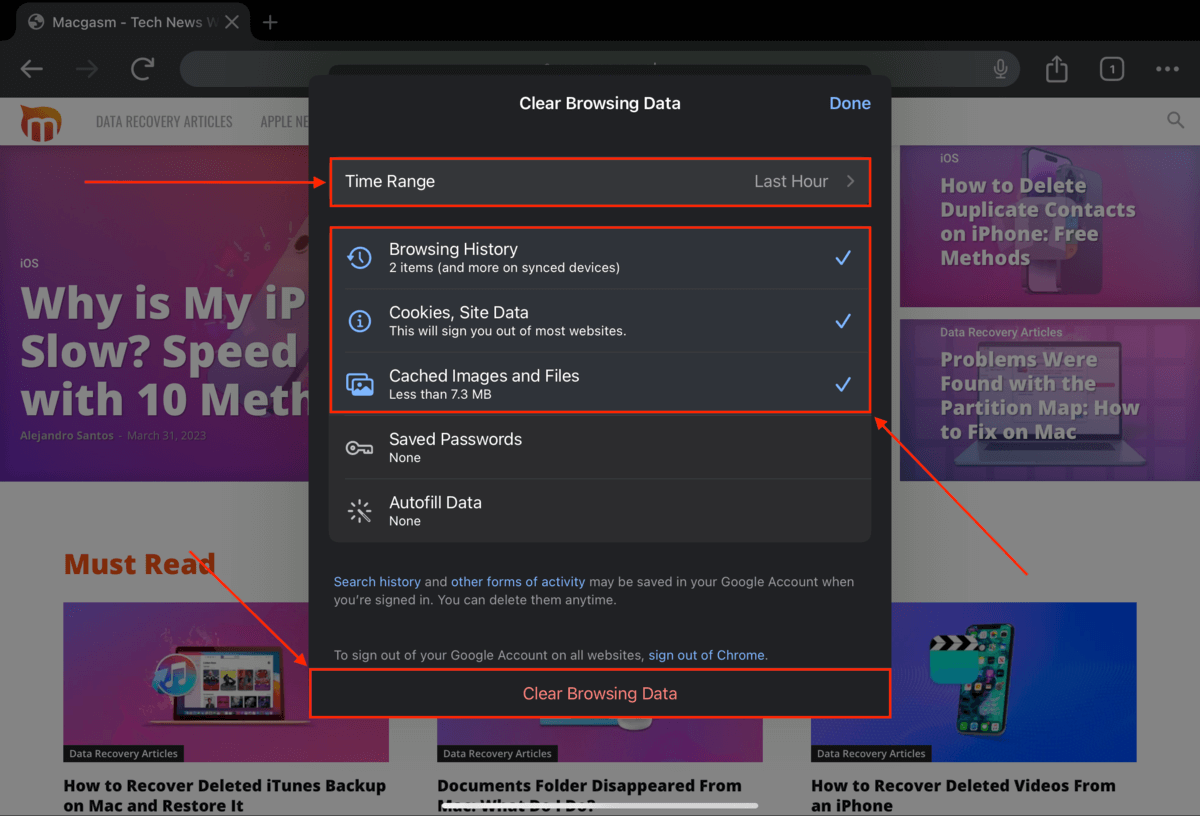 Clear Data settings on the iPad's Chrome app