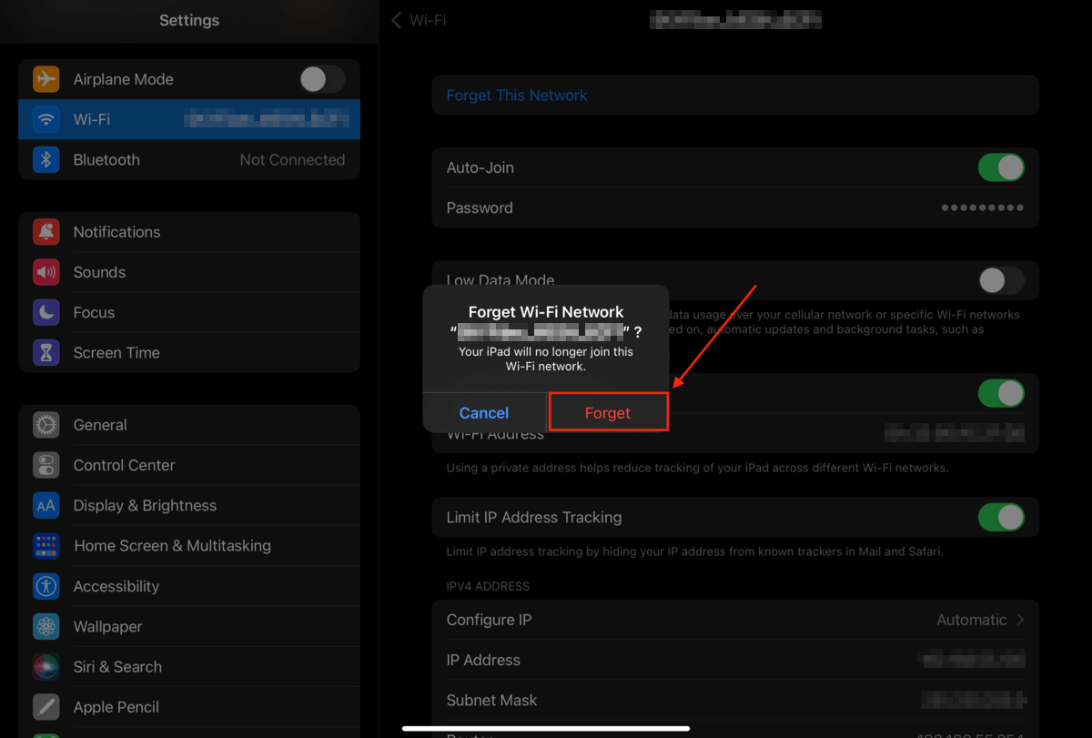 iPad Forget Network dialogue