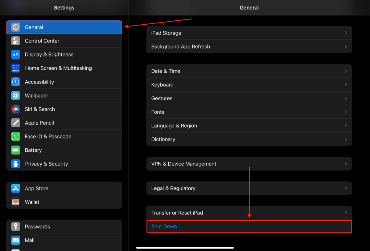 Shut Down option in the iPad's Settings app