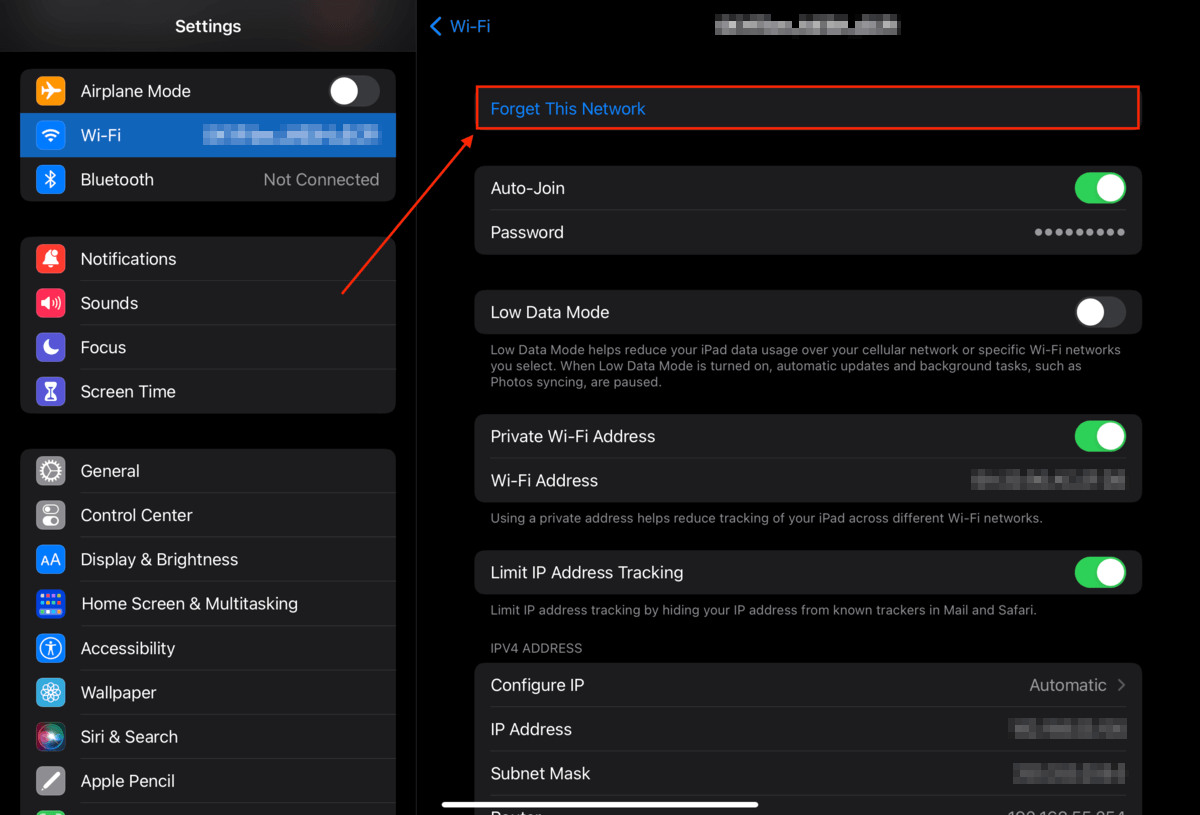 Forget Network button in the iPad's settings