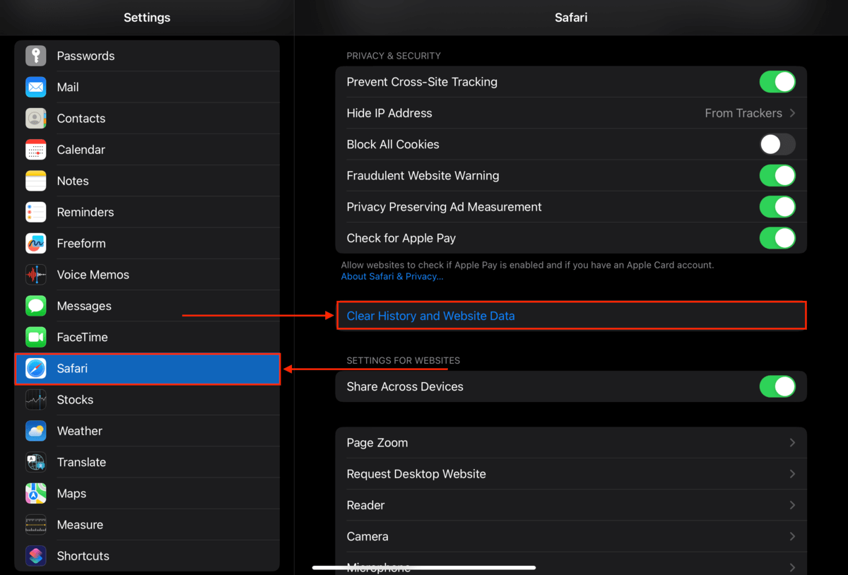 iPad Safari history settings