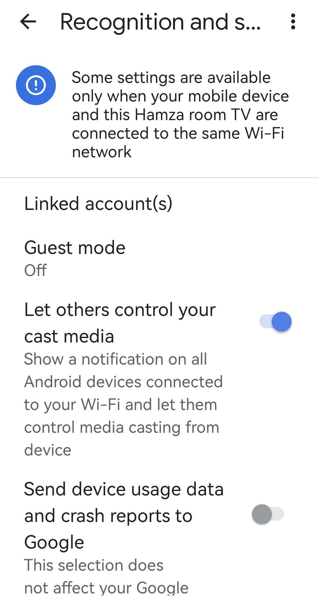 Guest Mode settings of Chromecast device