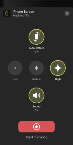 DoCast's screen mirroring configuration screen