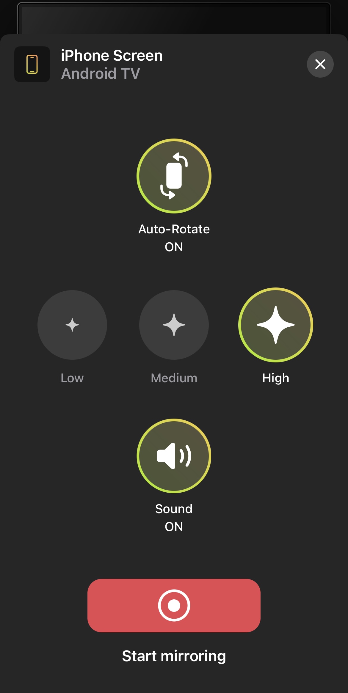 DoCast's screen mirroring configuration screen