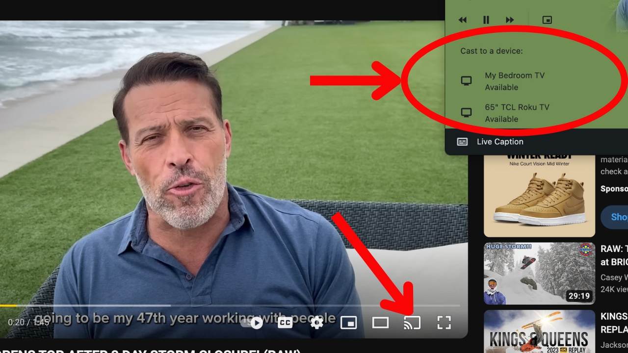 Screenshot of a YouTube video with a red arrow point to the casting button and another pointing to a red circle surrounding a device list. 