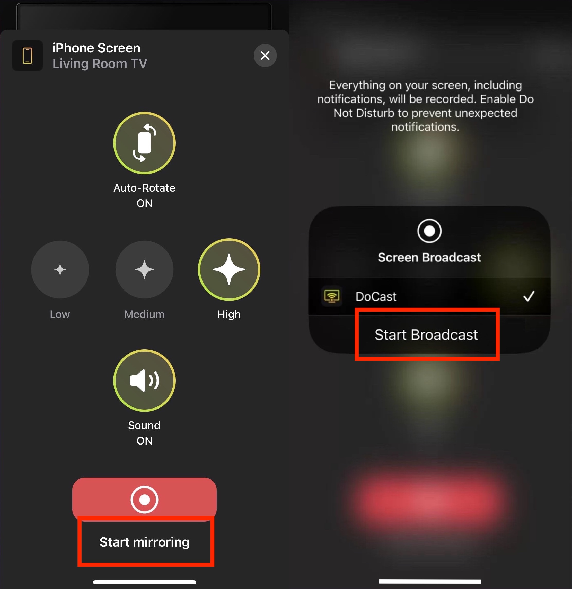 Tap on the Start mirroring and Start Broadcast buttons on DoCast